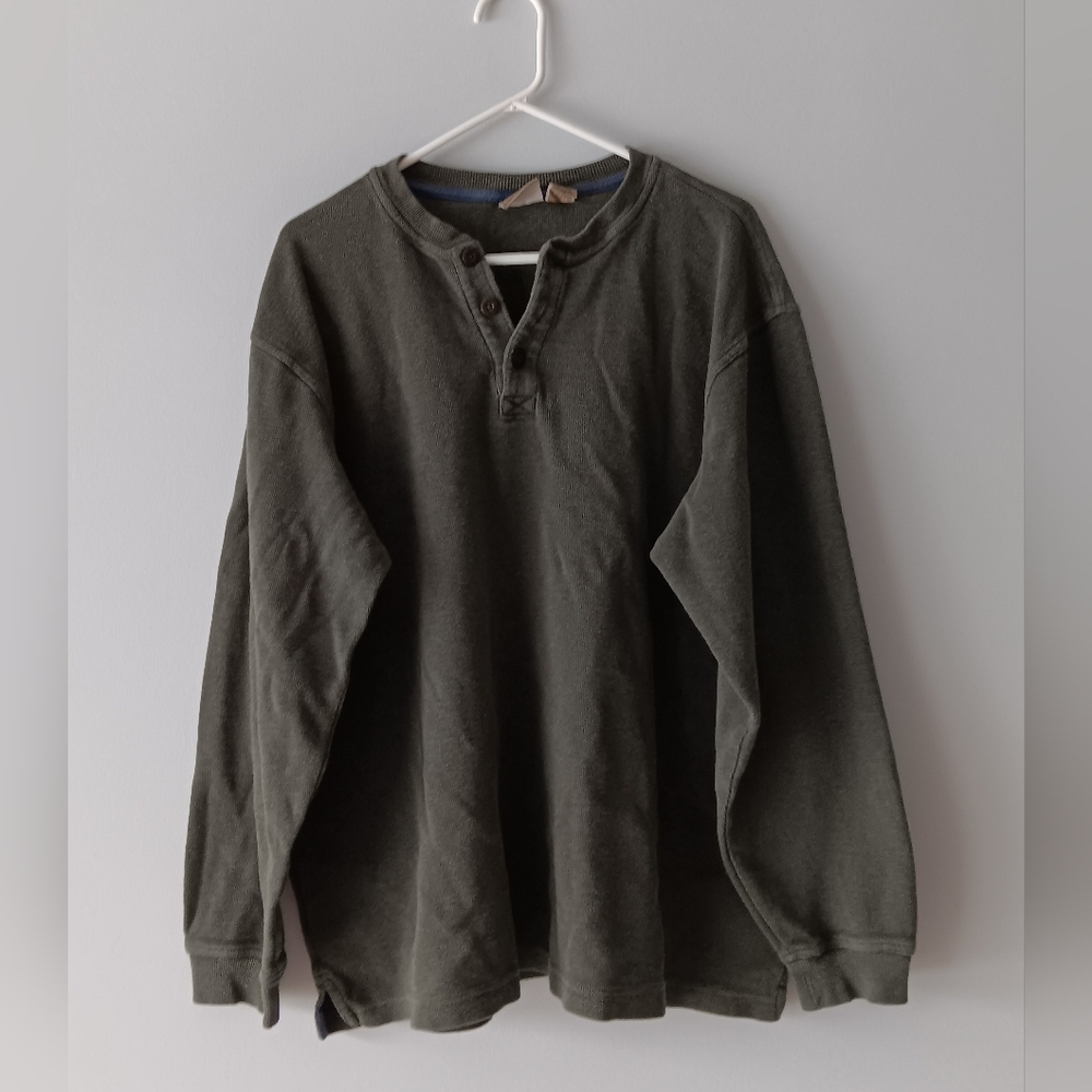 L.L.Bean Waffle Knit Thermal Henley Shirt 100% Cotton Long-Sleeve Green XL Tall